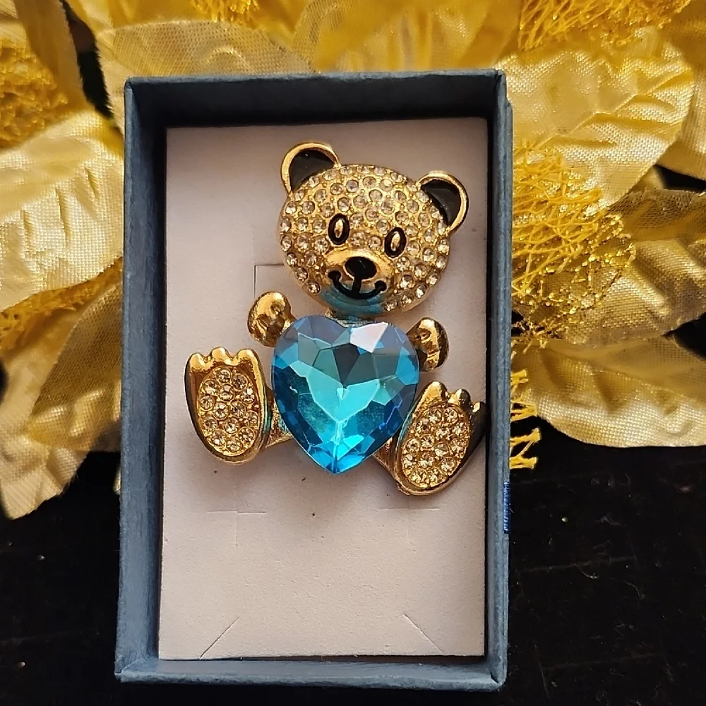 Sparkling Gold and Blue Heart Bear Brooch